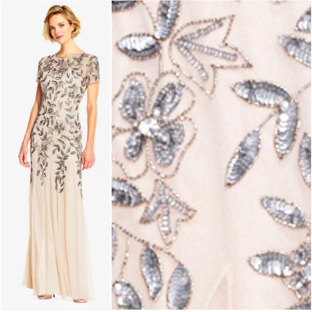 Hand beaded short sleeve Godet Gown in Taupe Pink Petite Size 4